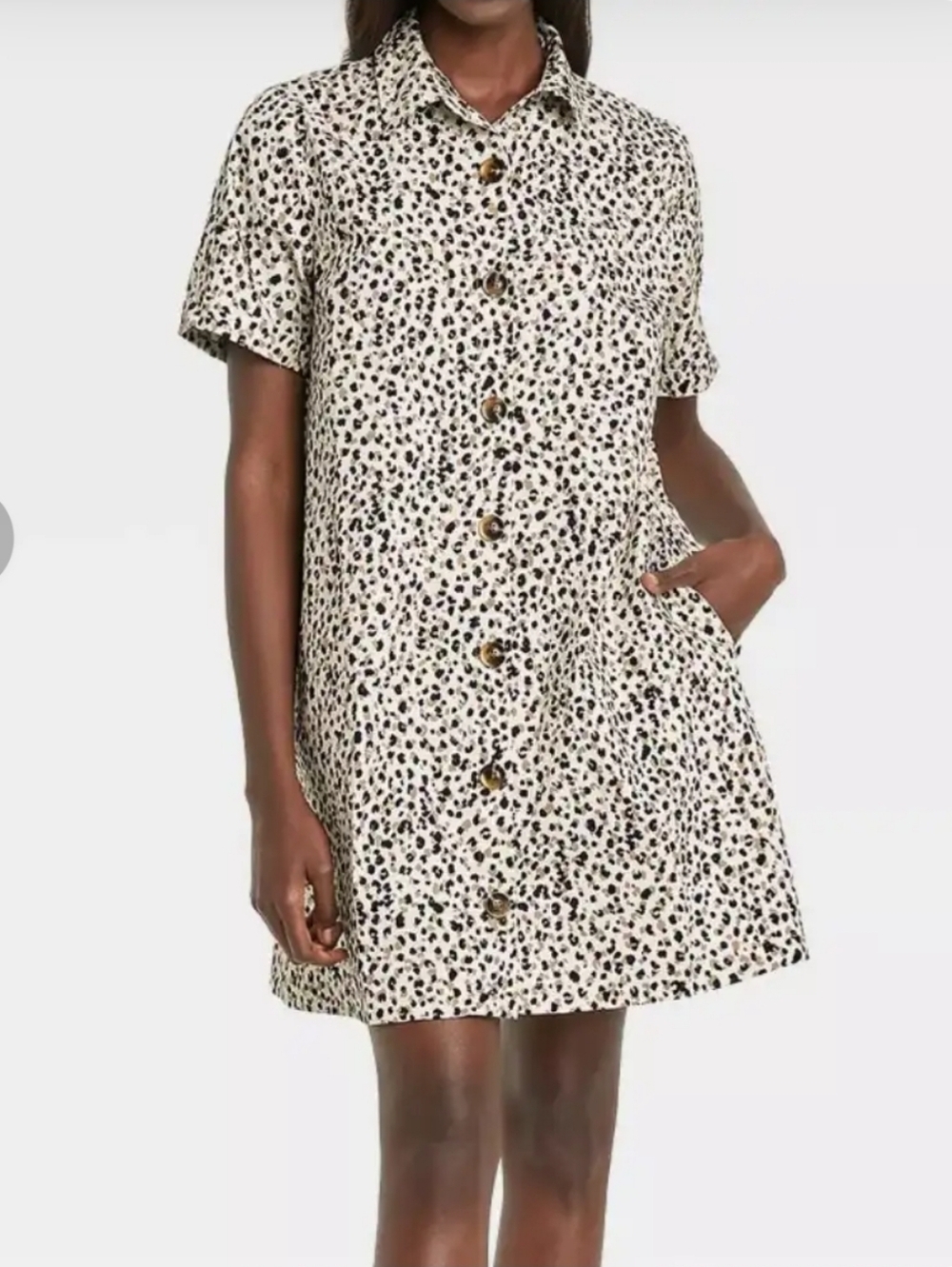 Who What Wear Button Front Small Leopard Print Shirt Dress Cream & Black